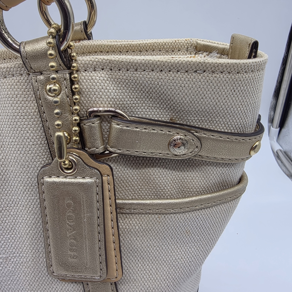 COACH Natalie Metallic Gold Bag Beige Cream Canvas Leather Tote Purse Bag 16756 - Picture 3 of 13
